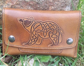 Leather Tobacco pouch, celtic bear design ,colour "caramel" (16 colours available)