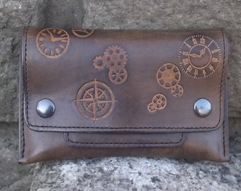 Leather Tobacco pouch,   design " steampunk ",colour "marron chêne " (16 colours available)