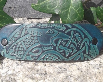 Leather hair  Barrette, celtic dragon   design, 16 colours available ( "turquoise " on the photo)