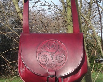 Leather crossbody bag, triskell celtic number 5 design , colour "bordeaux"(16 colours available)