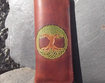 Leather Glasses case , celtic tree design , colour "marron chocolat", (16 colours avaible)