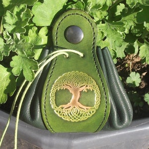 Leather pouch , tree of life design, colour "anis green "(16 colour to choose) , 2 sizes available