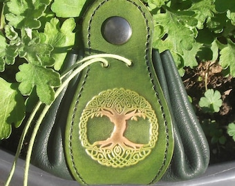 Leather pouch , tree of life design, colour "anis green "(16 colour to choose) , 2 sizes available