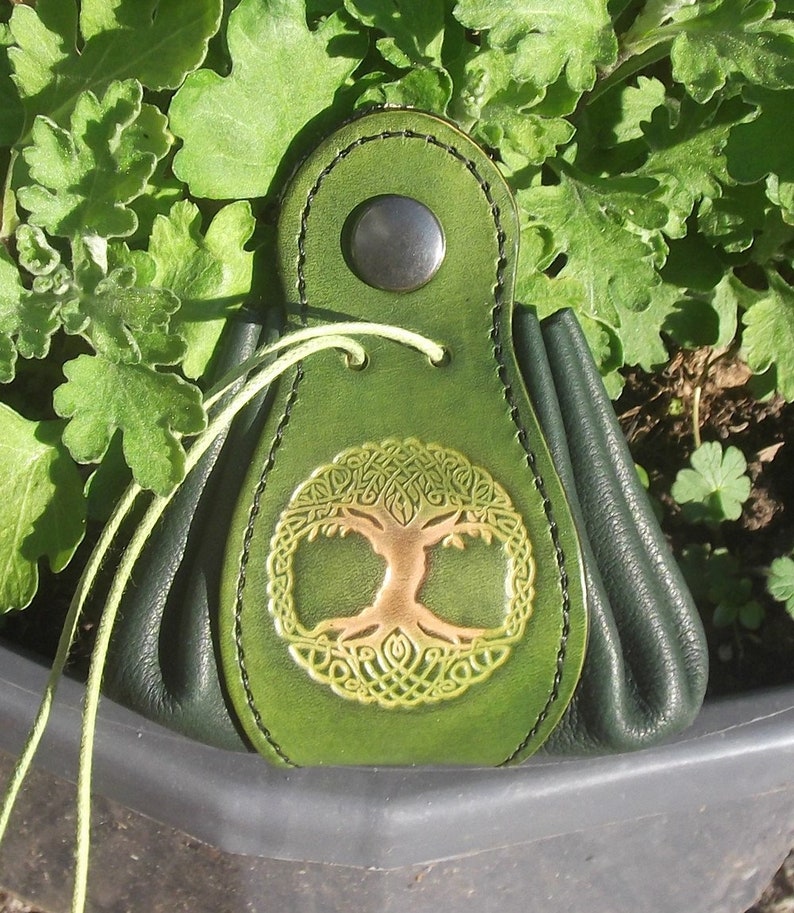 Leather pouch , tree of life design, colour anis green 16 colour to choose , 2 sizes available image 1