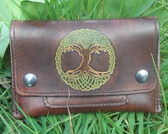 Leather Tobacco pouch, tree of life design ,colour &quot;Chocolate&quot; (16 colours available)