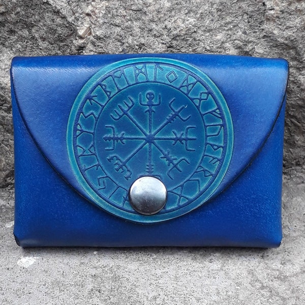 Porte-monnaie / porte-cartes en cuir décor " Vegvisir "  , bleu océan  , (16 couleurs disponibles)