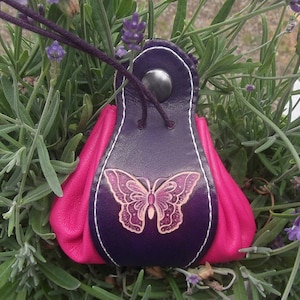 Leather pouch , butterfly design,colour "purple and pink"( 16 colour to choose ), 2 sizes available