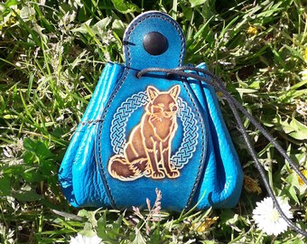 Leather pouch ,Celtic fox motif  , "Turquoise  " on photo (16 colors available)