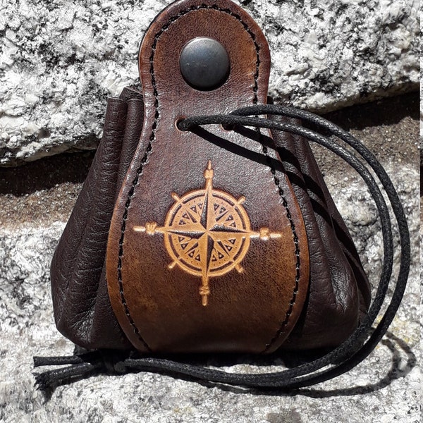 Leather pouch , compass design ,  (16 colors available)