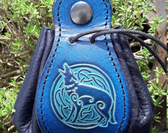 Leather pouch , celtic wolf design , colour "Ocean"(16 colour to choose) , 2 sizes available