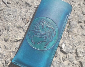 Leather Glasses case , Unicorn design  , colour " Turquoise ", (16 colours available)