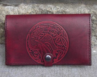 Leather checkbook cover , celtic design "Dragon",  colour "bordeaux"(16 colours available)