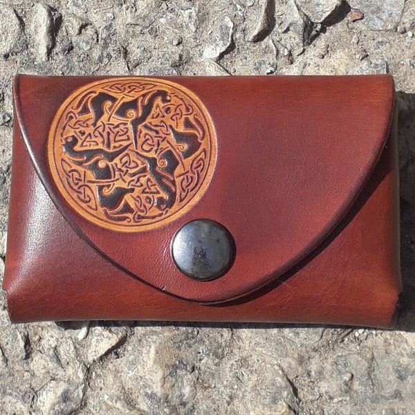 Leather porte-monnaie ,celtic design "3 horses", colour "marron chocolat" (16 colour available)