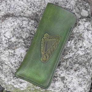Leather Glasses case , design celtic  harp , colour &quot;vert anis&quot;, (16 colours available)