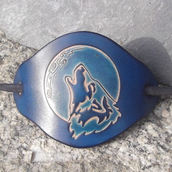 Leather hair barrette, "moon-wolf" design , colour "bleu océan"(16 colours available)