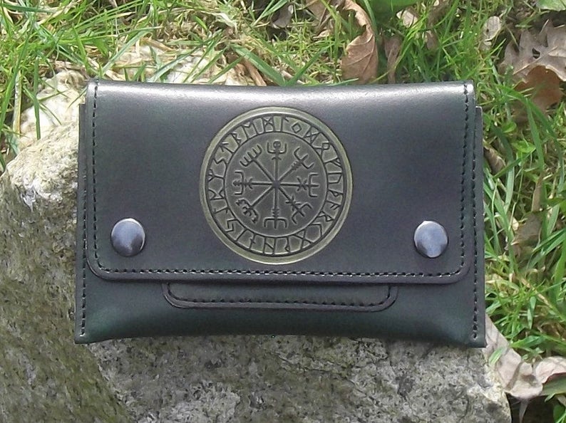 Leather Tobacco pouch, viking design vegvisir,colour antique green 16 colours available image 1
