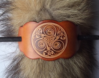 Leather hair  Barrette, triskell number 2 design, colour Amber (16 colors to choose from), 2 sizes available