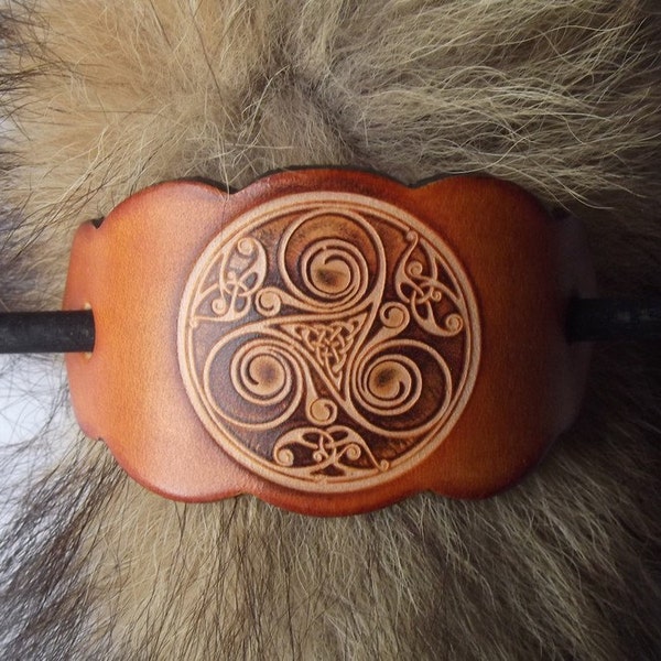 Leather hair  Barrette, triskell number 2 design, colour Amber (16 colors to choose from), 2 sizes available