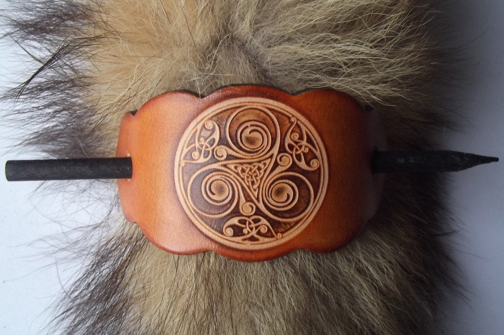 Leather hair  Barrette, triskell number 2 design, colour Amber (16 co…