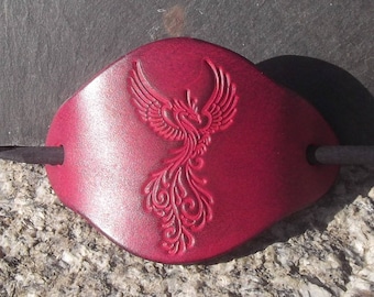 Leather hair barrette, phoenix design, colour "red "(16 colours available)