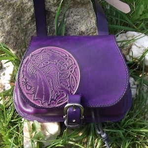 Leather crossbody bag,celtic dragon  design , colour &quot;violet  &quot;(16 colours available)
