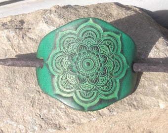 Leather hair barrette , design lotus mandala ( 16 colours available)