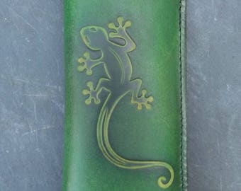 Brille Case Leder Dekor Salamander (Gecko), Minze grüne Farbe (16 Farben erhältlich)