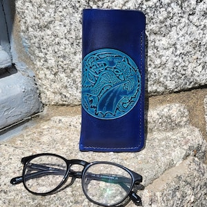 Leather Glasses case , celtic dragon design  , colour &quot;Bordeaux &quot;, (16 colours available)
