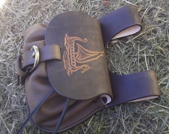 Medieval leather pouch , viking design Drakkar