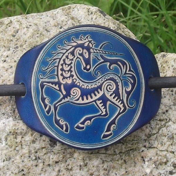 Leather hair barrette , unicorn design  , colour"bleu océan " (16 colours available)