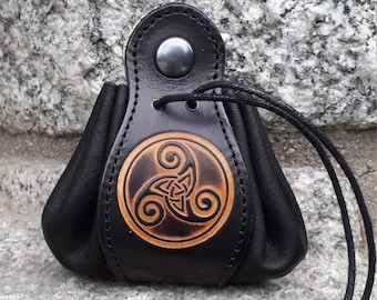 Leather pouch , celtic design triskell number 3,( 16 colour to choose) , 2 sizes available