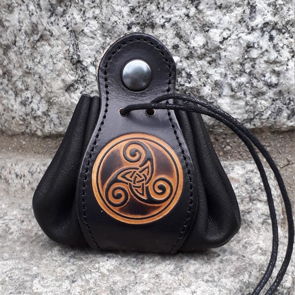 Leather pouch , celtic design triskell number 3,( 16 colour to choose) , 2 sizes available