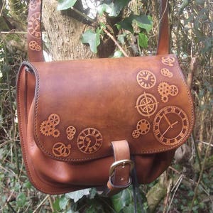 Leather crossbody bag, steampunk design , colour caramel other colours available image 1