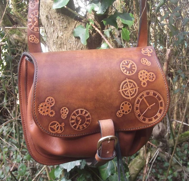 Leather crossbody bag, steampunk design , colour caramel other colours available image 1