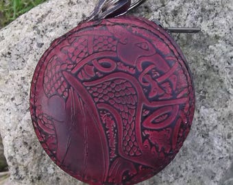 Round leather purse decor Celtic dragon, 16 colors (Maroon pictured)