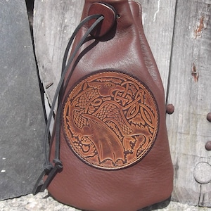 Medieval leather purse Stitched yoke Celtic dragon decoration Brown