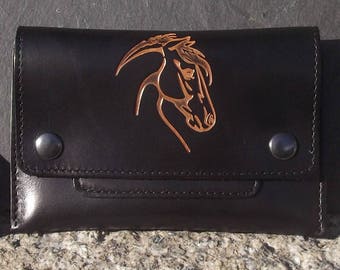 Leather Tobacco pouch, horse's head design ,colour "black" (16 colours available)