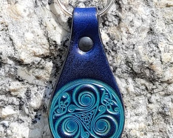 Leather key ring  Celtic design Triskell 2  , 16 colours available