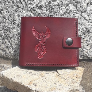 Portefeuille artisanal en cuir minimaliste Motif Phoenix  Couleur bordeaux sur la photo  (16 autres coloris au choix)