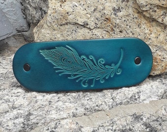 Barrette à cheveux en cuir à clip grande taille Décor Plume de paon , couleur Turquoise  (16 coloris au choix)
