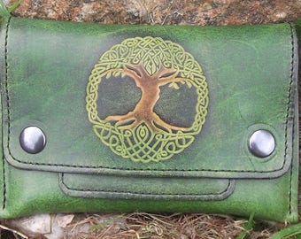 Leather Tobacco pouch, tree of life design ,colour "anis green " (16 colours available)