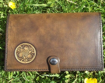 Leather checkbook cover , celtic design "triskell 2",  colour "Oak brown"(16 colours available)