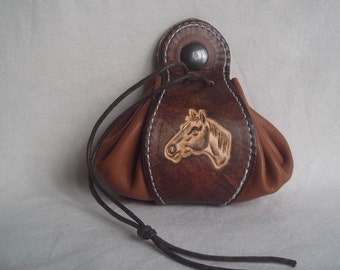 Leather pouch, , horse 's head design , colour "Chocolate"(16 colour to choose) , 2 sizes available