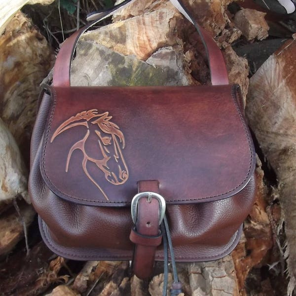 Leather crossbody bag, horse's head design , colour "marron chocolat" (other colours available)