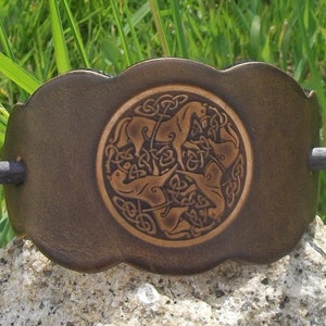 Leather Barrette,  celtic design &quot;3 horses&quot;, available in 2 sizes and 16 colours