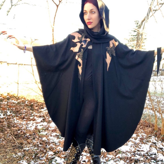 Black Wool Cape Poncho Leather Vintage Hood