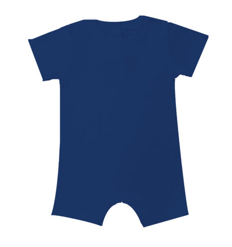 May include: A solid navy blue short-sleeved bodysuit.