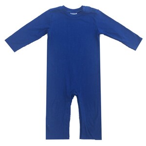 May include: A solid blue long-sleeved jumpsuit for babies and toddlers.