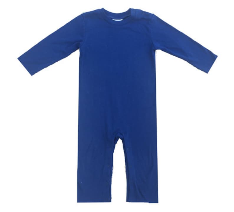 May include: A solid blue long-sleeved jumpsuit for babies and toddlers.