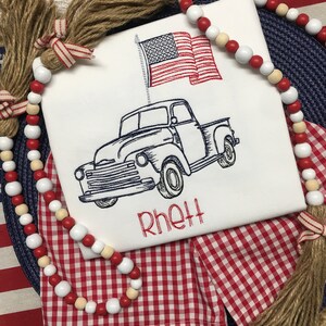 Boy&#39;s TRUCK shirt with American flag; July 4th; Patriotic shirt; Shirt with flag; Patriotic short set; red gingham shorts;